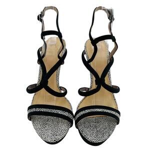 gx by Gwen Stefani Black White Animal Print Ankle Strap Stiletto Heel Sandal 8.5